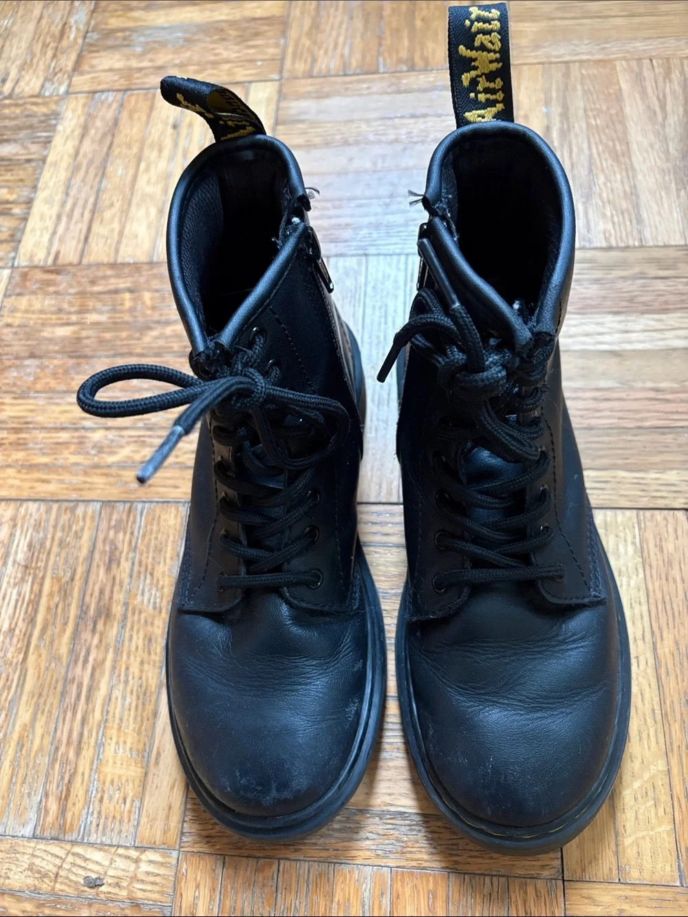 Dr Martens size 3 Black Lace-Up Combat Boots with Yellow Heel Loop